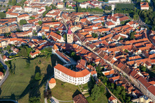 Aerial photograpy of Castle Ptuj/Grade Ptuj above the old town in Ptuj in the state Slovenia, Slovenia