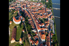 Aerial view of Prešernova ulica under the castle in Ptuj in the state Slovenia, Slovenia