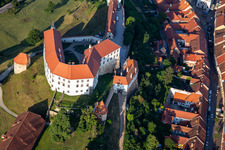 Oblique view of Castle Ptuj/Grade Ptuj above the old town in Ptuj in the state Slovenia, Slovenia