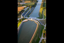 Aerial view of Hydropower plant HE Zlatoličje with photovoltaic panels on the embankment of the Drava Canal HE Zlatoličje in Starše in the state Slovenia, Slovenia