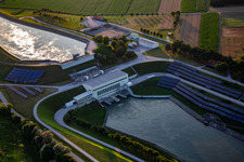 Hydropower plant HE Zlatoličje with photovoltaic panels on the embankment of the Drava Canal HE Zlatoličje in Starše in the state Slovenia, Slovenia from above