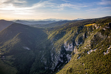 Aerial view of Lijak paragliding takeoff / Vzletišče jadralnih padalcev Lijak in Nova Gorica in the state Slovenia, Slovenia