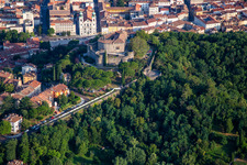 Aerial photograpy of Gorizia Castle / Castello di Gorizia and Via Roma in Gorizia in the state Gorizia, Italy