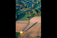 Aerial view of PfalzGas hot air balloons landed in Steinweiler in the state Rhineland-Palatinate, Germany