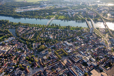 Aerial view of Rhine promenade and garden show grounds in Kehl in the state Baden-Wuerttemberg, Germany