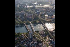 Aerial view of Europa Bridge, Beatus-Rhenanus Bridge and railway bridge over the Rhine to Strasbourg in Kehl in the state Baden-Wuerttemberg, Germany