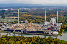 Oblique view of EnBW new coal-fired power plant at the Rhine port in the district Daxlanden in Karlsruhe in the state Baden-Wuerttemberg, Germany