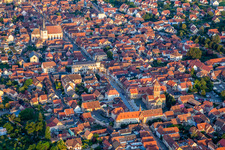 Rue du Gén de Gaulle with Porte basse ou Porte de la Vierge, Tour de l'Ecole, Tour de l'Horloge ou Zittgloeckel and Eglise catholique Saint-Etienne in Rosheim in the state Bas-Rhin, France