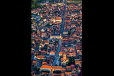 Aerial view of Rue du Gén de Gaulle with Porte basse ou Porte de la Vierge, Tour de l'Ecole, Tour de l'Horloge ou Zittgloeckel and Eglise catholique Saint-Etienne in Rosheim in the state Bas-Rhin, France