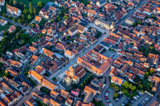 Aerial view of Rue du Gén de Gaulle with Porte basse ou Porte de la Vierge, Tour de l'Ecole, Tour de l'Horloge ou Zittgloeckel in Rosheim in the state Bas-Rhin, France