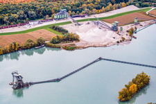 Aerial photograpy of Gravel plant of WOLFF & MÜLLER Quarzsande at the quarry lake in Hagenbach in the state Rhineland-Palatinate, Germany
