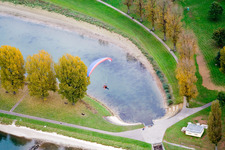 Aerial view of Rapppenwörth Rhine beach in the district Daxlanden in Karlsruhe in the state Baden-Wuerttemberg, Germany