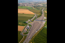 Aerial view of Motorway toll station A4 Hochfelden Sanef Service in Schwindratzheim in the state Bas-Rhin, France