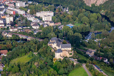 Aerial view of Castle Ebernburg / Protestant Family Holiday and Educational Center Ebernburg in the district Ebernburg in Bad Kreuznach in the state Rhineland-Palatinate, Germany