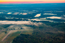 Rhine meadows in the morning mist before sunrise in the district Knielingen in Karlsruhe in the state Baden-Wuerttemberg, Germany