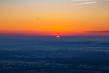 Sunrise with hot air balloon over KIT Campus North in the district Leopoldshafen in Eggenstein-Leopoldshafen in the state Baden-Wuerttemberg, Germany