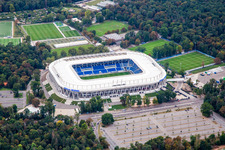 Aerial view of Completed BBBank Stadium Wildpark of Karlsruher Sport-Club eV in the district Innenstadt-Ost in Karlsruhe in the state Baden-Wuerttemberg, Germany