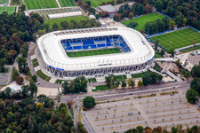 Oblique view of Completed BBBank Stadium Wildpark of Karlsruher Sport-Club eV in the district Innenstadt-Ost in Karlsruhe in the state Baden-Wuerttemberg, Germany