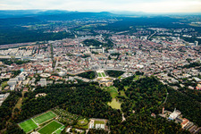 City view from the north with castle park, castle, castle square and circle in the district Innenstadt-West in Karlsruhe in the state Baden-Wuerttemberg, Germany