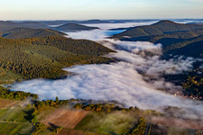 Wieslautertal under morning fog in Bobenthal in the state Rhineland-Palatinate, Germany
