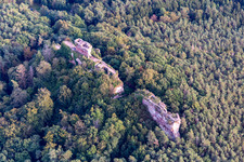 Aerial photograpy of Drachenfels Castle in Busenberg in the state Rhineland-Palatinate, Germany