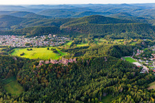 Aerial view of Altdahn castle massif with the castle ruins of Grafendahn and Tanstein in Dahn in the state Rhineland-Palatinate, Germany