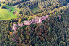 Oblique view of Altdahn castle massif with the castle ruins of Grafendahn and Tanstein in Dahn in the state Rhineland-Palatinate, Germany
