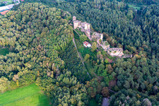 Altdahn castle massif with the castle ruins of Grafendahn and Tanstein in Dahn in the state Rhineland-Palatinate, Germany from above