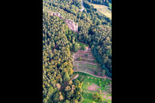 Aerial view of Cemetery of Honor Dahn with Michael's Chapel Dahn and Hochstein Lookout Point in Dahn in the state Rhineland-Palatinate, Germany