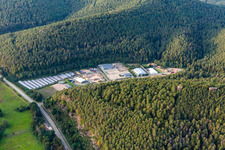Frank Korbwarenfabrik GmbH & Co. KG and Schwarz Carpentry and Roofing GmbH behind the Galgenfelsen in Dahn in the state Rhineland-Palatinate, Germany