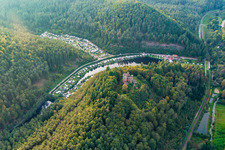 Aerial view of Neudahn Castle ruins above the Neudahner Weiher campsite in Dahn in the state Rhineland-Palatinate, Germany
