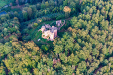Neudahn Castle ruins above the Neudahner Weiher campsite in Dahn in the state Rhineland-Palatinate, Germany out of the air
