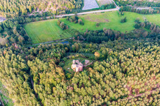 Neudahn Castle ruins above the Neudahner Weiher campsite in Dahn in the state Rhineland-Palatinate, Germany seen from above