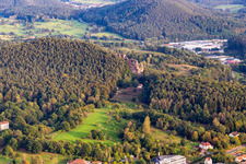 Aerial photograpy of Cemetery of Honor Dahn with Michael's Chapel Dahn and Hochstein Lookout Point in Dahn in the state Rhineland-Palatinate, Germany