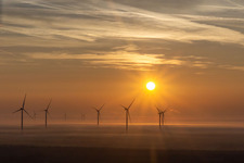 Sunrise at the wind farm Freckenfeld in Freckenfeld in the state Rhineland-Palatinate, Germany