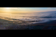 Fog and hot air balloon over the Rhine plain in northern Alsace in Riedseltz in the state Bas-Rhin, France