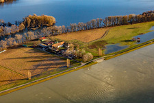 Staircase platform at Hofgut Maxau during Rhine floods in the district Knielingen in Karlsruhe in the state Baden-Wuerttemberg, Germany