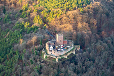 Aerial view of Christmas market at the Landeck castle ruins in Klingenmünster in the state Rhineland-Palatinate, Germany