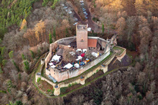 Oblique view of Christmas market at the Landeck castle ruins in Klingenmünster in the state Rhineland-Palatinate, Germany