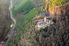 Christmas market at the Landeck castle ruins in Klingenmünster in the state Rhineland-Palatinate, Germany out of the air