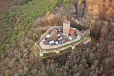 Christmas market at the Landeck castle ruins in Klingenmünster in the state Rhineland-Palatinate, Germany seen from above