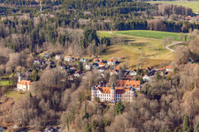 Oblique view of Castle and Chapel of the Immaculate Conception in Eurasburg in the state Bavaria, Germany