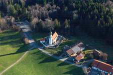 Aerial view of St. John the Baptist in the district Oberfischbach in Wackersberg in the state Bavaria, Germany
