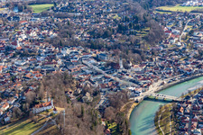 Aerial view of Old town with Isar Bridge in Bad Tölz in the state Bavaria, Germany
