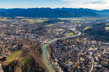 Oblique view of Old town with Isar Bridge in Bad Tölz in the state Bavaria, Germany
