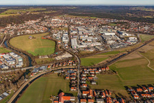 Aerial view of Industrial area Raiffeisenstr in Wolfratshausen in the state Bavaria, Germany