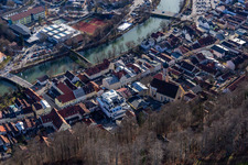 Aerial view of Old town with St. Andreas Church, Obermarkt on the Loisa bank with Sebastiani-Steg, Andreas Bridge in Wolfratshausen in the state Bavaria, Germany