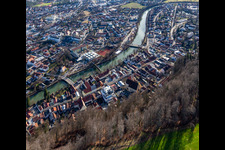Aerial photograpy of Old town with St. Andreas Church, Obermarkt on the Loisa bank with Sebastiani-Steg, Andreas Bridge in Wolfratshausen in the state Bavaria, Germany
