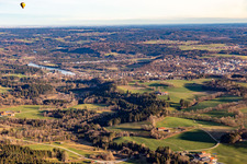 Hot air balloon over the Isar Valley in Bad Tölz in the state Bavaria, Germany