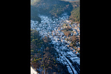 Aerial photograpy of The Sleeping Beauty of the Palatinate in winter with snow in Dörrenbach in the state Rhineland-Palatinate, Germany